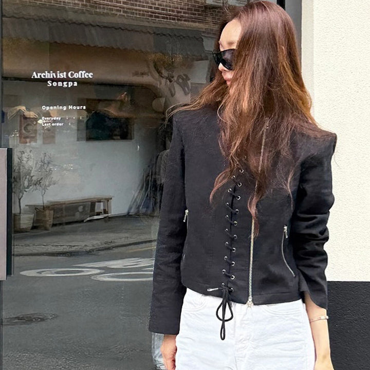 Women's Short Cut Lace-Up Biker Jacket with Asymmetrical Zipper Amarae