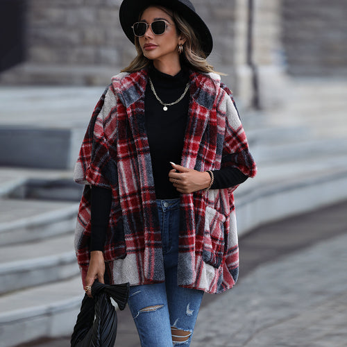 Plush plaid jacket for ladies with spacious pockets and open design Amarae