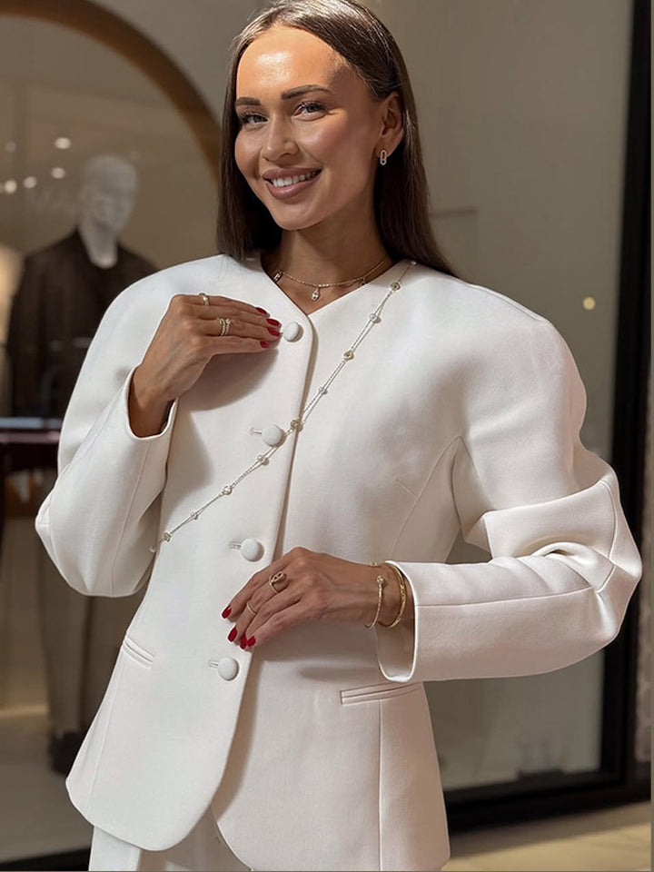 Women Short Blazer with Sculptural Shoulder, Rounded Neckline and Concealed Button Placket Amarae