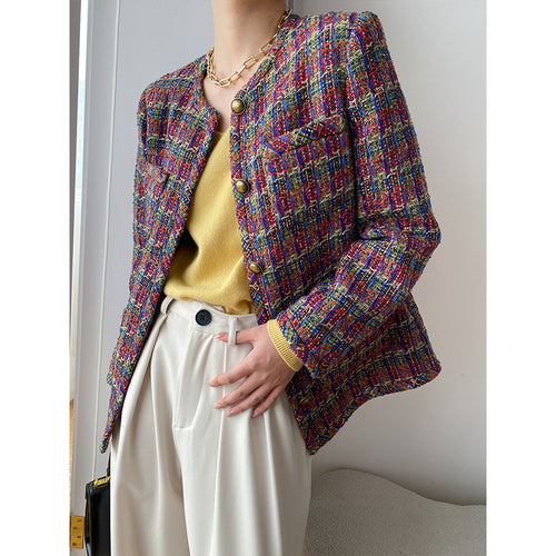Women's Elegant Tweed Jacket with Decorative Buttons Chic & Stil
