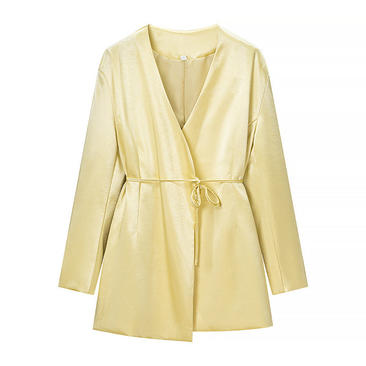 Ladies Two-Piece Satin Ensemble with Wrap Blazer and Wide Pleated Trousers Amarae
