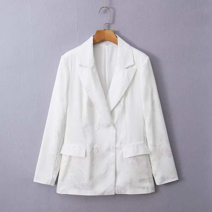 Women's Double-Breasted Satin Blazer with Floral Jacquard and Peak Lapel Amarae