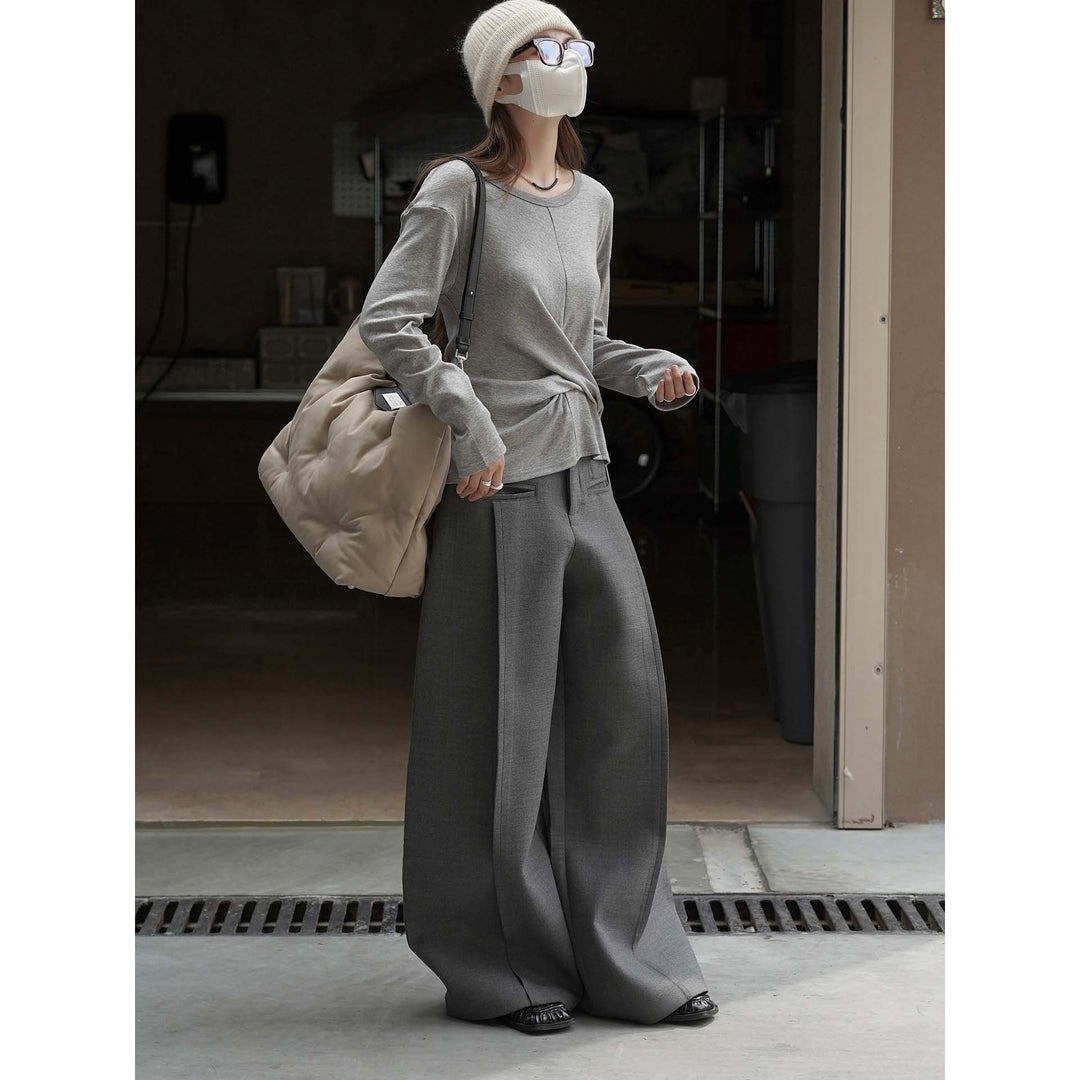Women High-Waisted Flowing Tailoring Palazzo Pants with Draped Front Panel Amarae