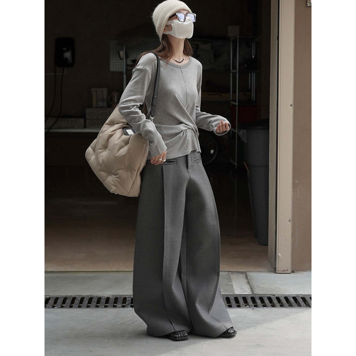 Women High-Waisted Flowing Tailoring Palazzo Pants with Draped Front Panel Amarae