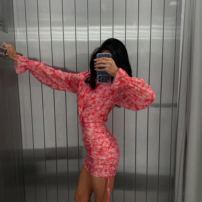 Women Floral Chiffon Mini Dress with Bow Collar, Transparent Volume Sleeves and Side Gathering Amarae