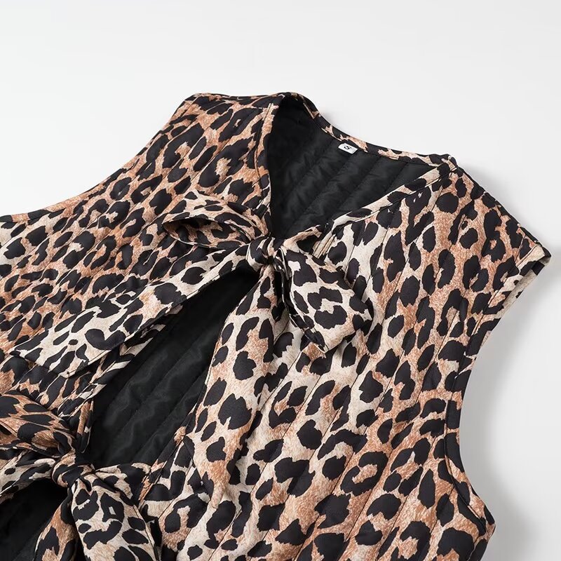 Women's Sleeveless Satin Blouse Top with Leopard Print and Double Bow Front Amarae