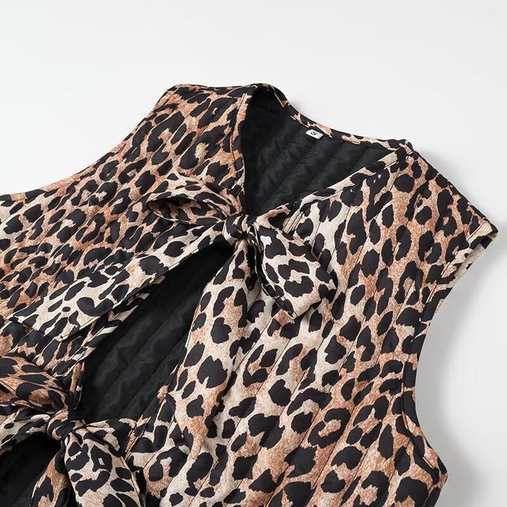 Women's Sleeveless Satin Blouse Top with Leopard Print and Double Bow Front Amarae