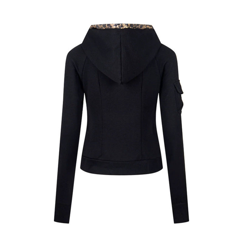 Women's Layered Look Zip Hoodie with Metallic Leopard Lining and Slim Silhouette Amarae