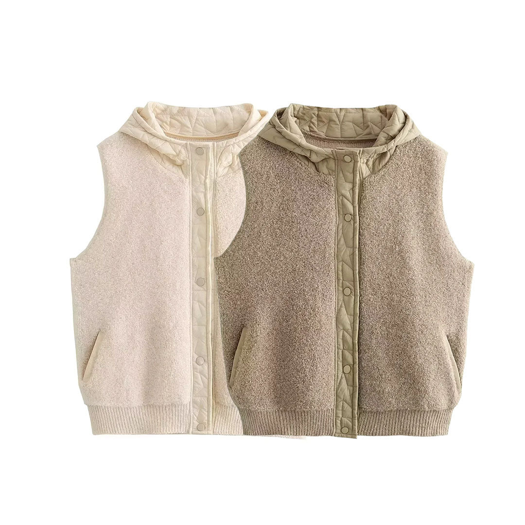 Women's Padded Wool Blend Vest with Hood and Snap Button Placket Amarae