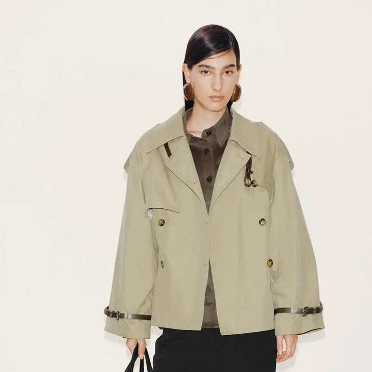 Women Short Boxy Trench Coat with Wide Lapels, Shoulder Straps and Adjustable Cuffs Amarae