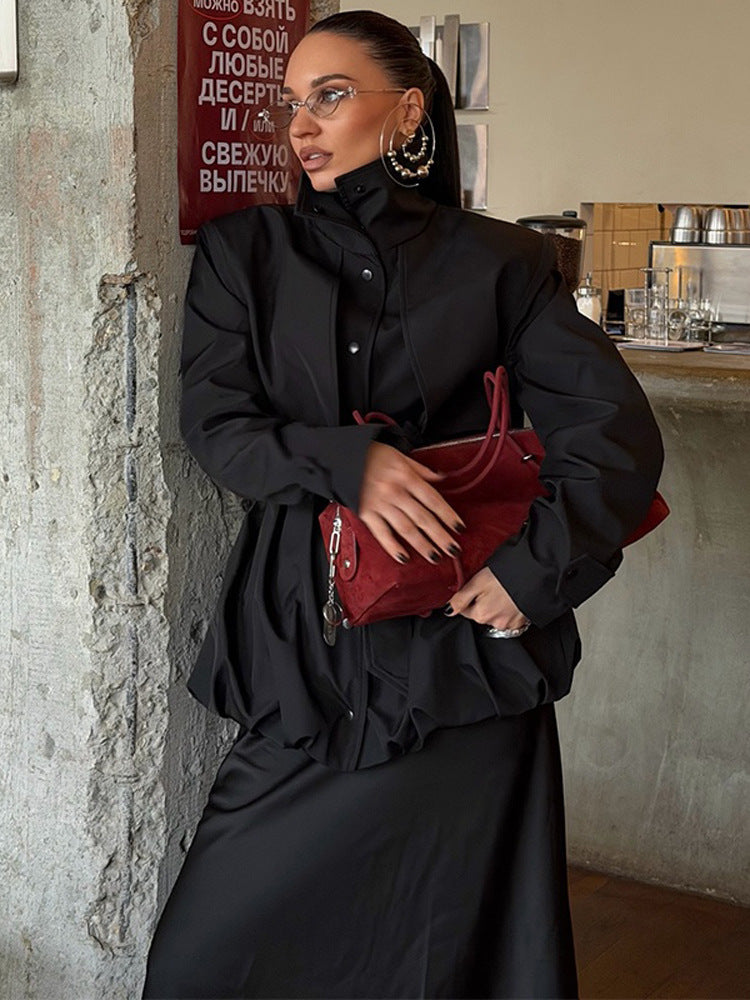 Women's Sculptural Boxy Blouson with High Stand-Up Collar and Gathered Volume Hem Amarae