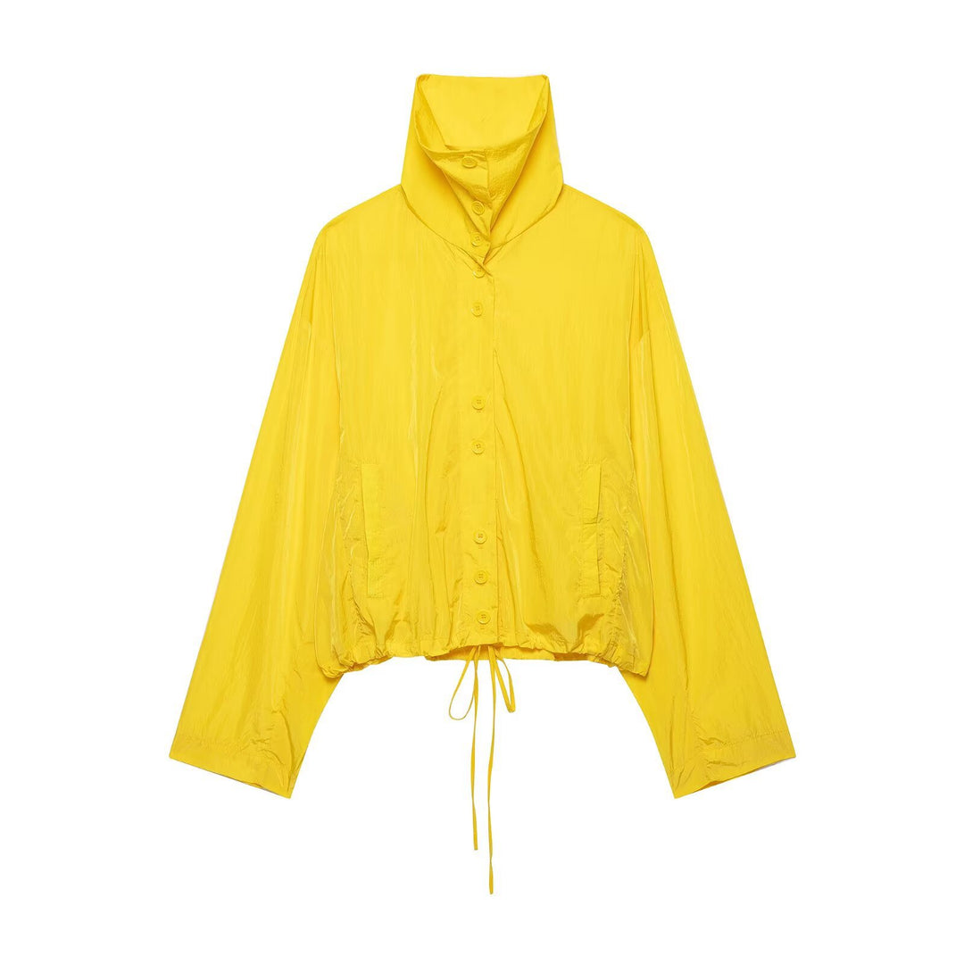 Women's Lightweight Oversized Windbreaker with High Stand Collar, Button Placket and Drawstring