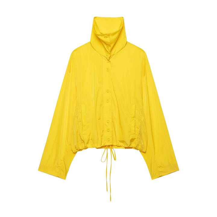 Women's Lightweight Oversized Windbreaker with High Stand Collar, Button Placket and Drawstring