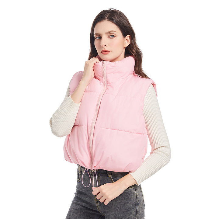 Ladies sleeveless down jacket with high collar and adjustable drawstring waist Lune London