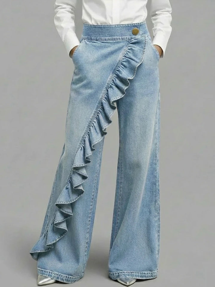 Women's Wide Jeans Pants with Ruffle Detail Chic & Stil