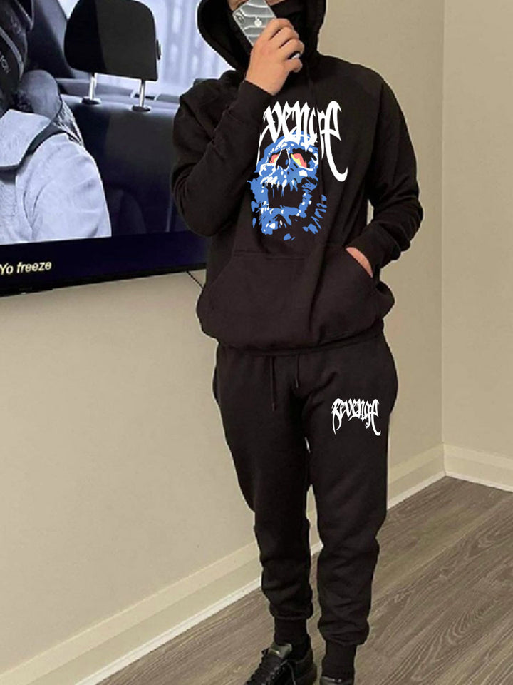 Hooded sweatshirt and jogging set for men with artistic skull pattern Lune London
