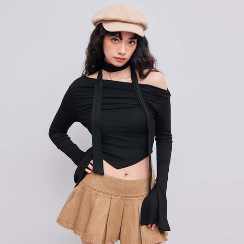 Short top for women with asymmetrical halter design and elegant draping Chic & Stil