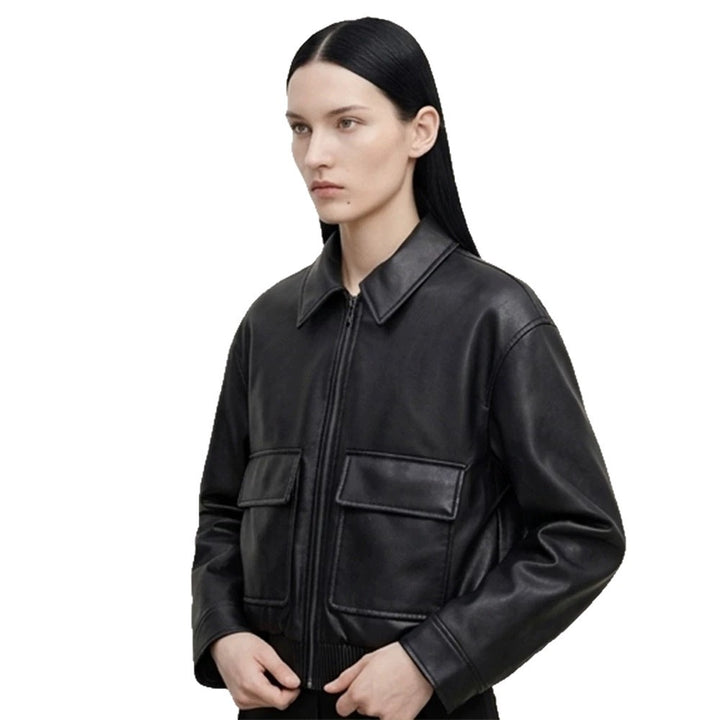 Women's short jacket made of faux leather in bomber style with ribbed hem and patch pockets Amarae