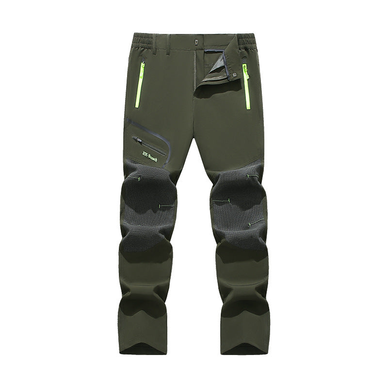 Men's softshell outdoor pants with reinforced knee sections, zippered pockets, and elastic waistband Amarae