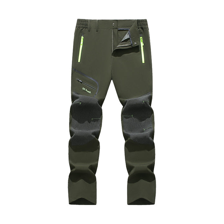 Men's softshell outdoor pants with reinforced knee sections, zippered pockets, and elastic waistband Amarae