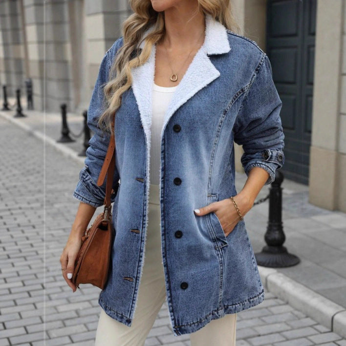 Women's Oversized Denim Jacket with Teddy Lining, Button Placket and Patch Pockets Amarae
