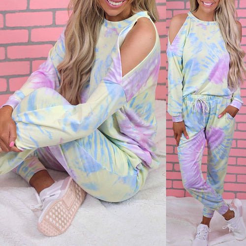 Casual loungewear set for women with casual cut-out design and colorful tie-dye pattern Amarae