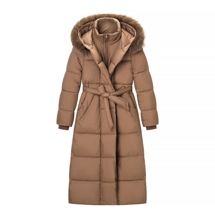 Women's Longer Quilted Down Coat with Hood, Faux Fur Trim and Waist Belt Amarae