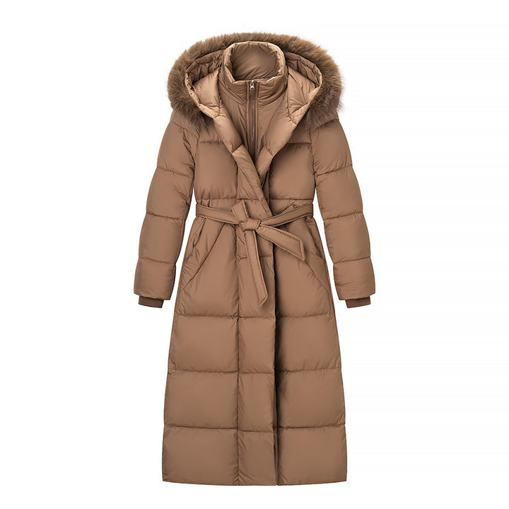 Women's Longer Quilted Down Coat with Hood, Faux Fur Trim and Waist Belt Amarae