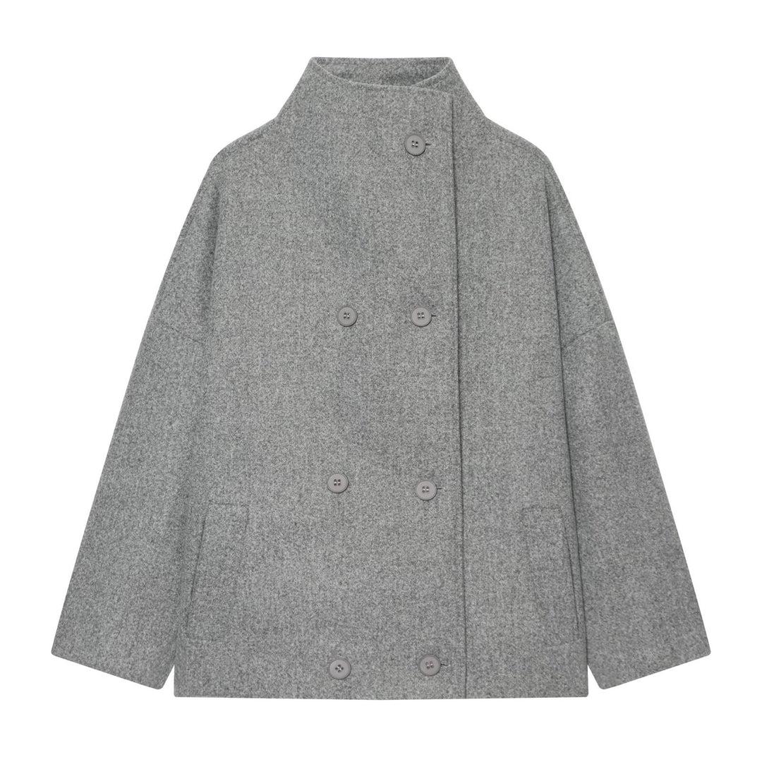 Women's Short Cape Coat made of Wool Blend with High Standing Collar and Double-Breasted Button Placket Amarae