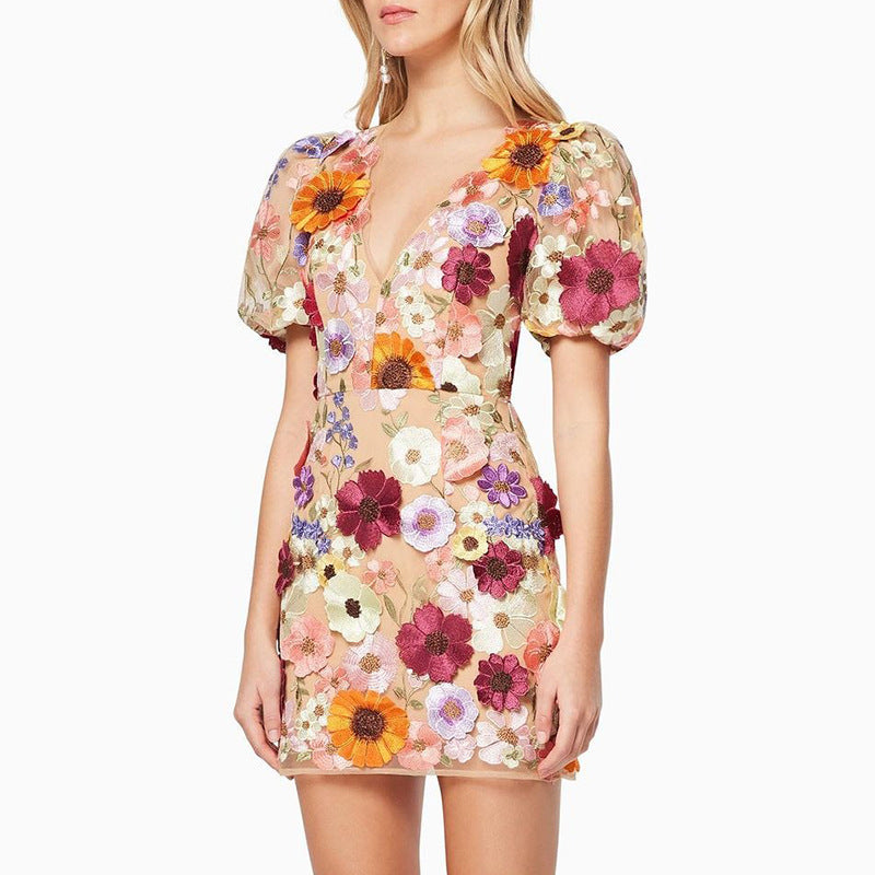 Lune London | 3D Flower Bodycon Lantern Sleeve Embroidered Dress
