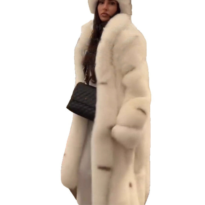 Women longer vegan faux fur coat with hood and voluminous fur collar Amarae