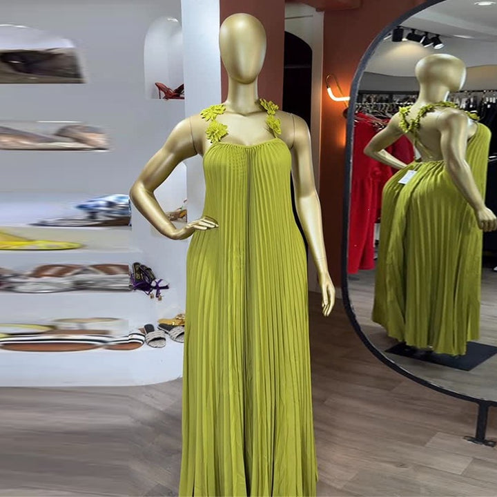 Women Elegant Maxi Dress with Casual Pleats and Decorative Shoulder Flowers Lune London