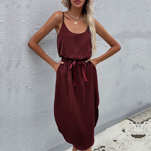 Mid-length dress with adjustable spaghetti straps for women with tied belt Amarae