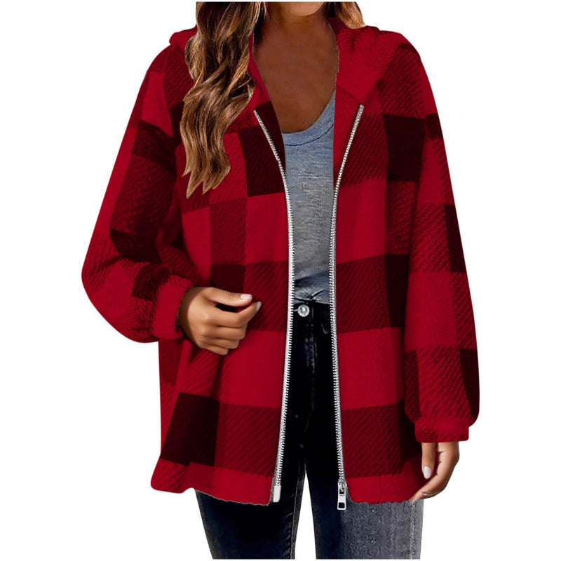 Fleece jacket for women with plaid pattern and hood Lune London
