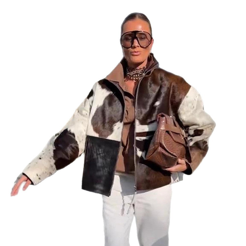 Women's short jacket made of shaggy faux fur with patchwork look and high stand-up collar Amarae