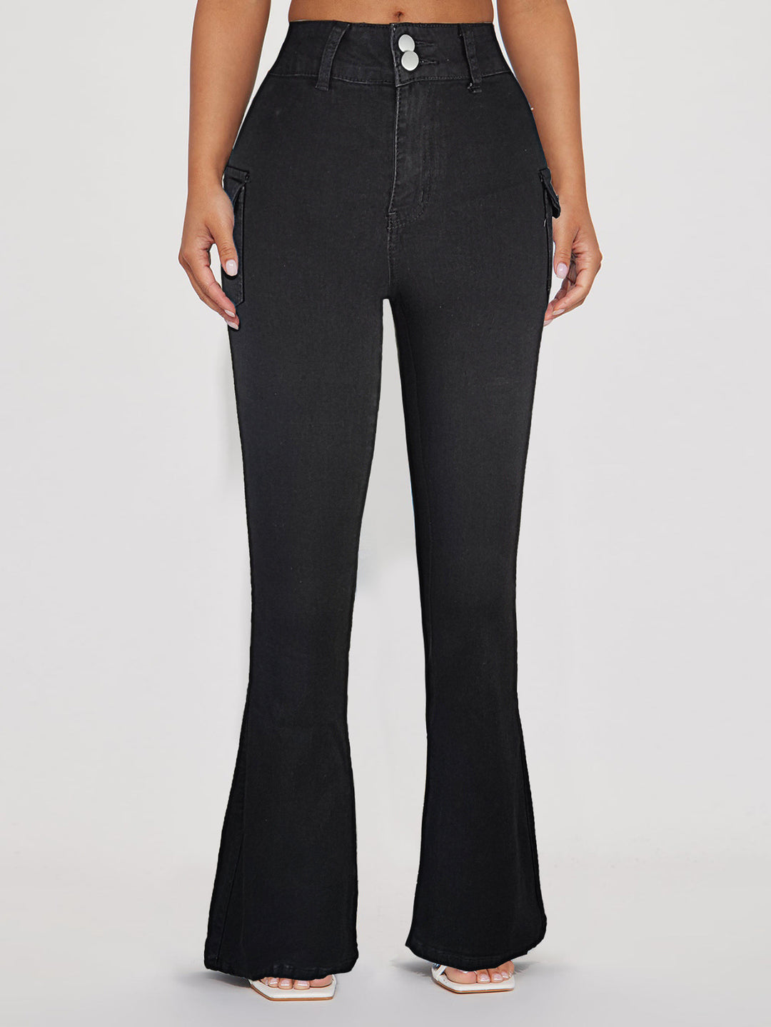 Women's High-Waisted Flared Denim Pants with Side Cargo Flap Pockets & Double Button Amarae