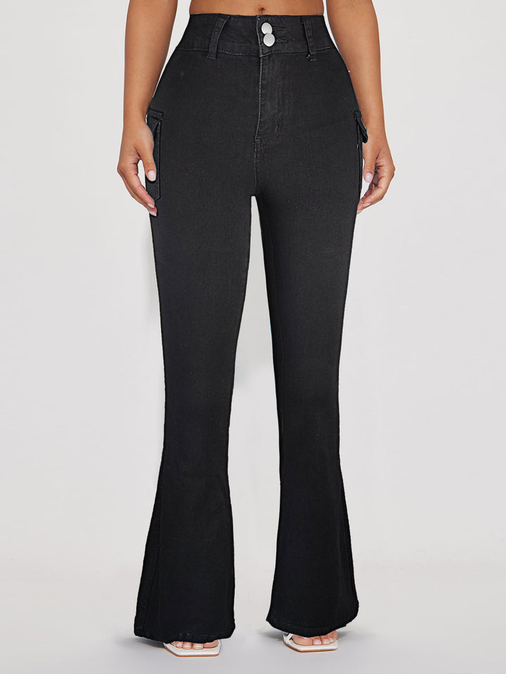 Women's High-Waisted Flared Denim Pants with Side Cargo Flap Pockets & Double Button Amarae