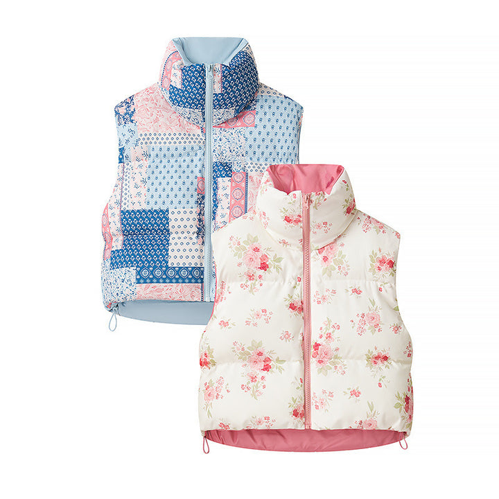 Women short cut quilted vest made of down imitation with stand-up collar, floral print and drawstring Amarae