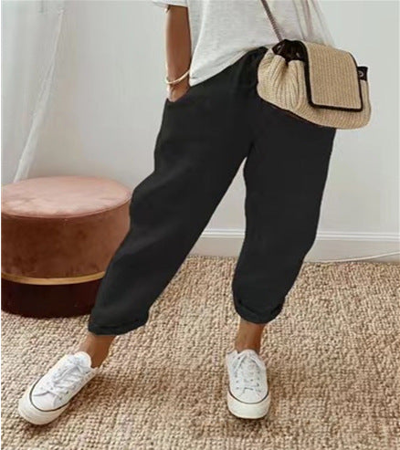 Women's linen jogger pants with drawstring, loose tapered fit and rolled hems Amarae