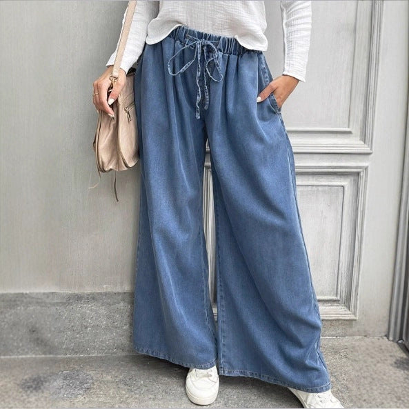 Women's Long Denim Maxi Skirt with Drawstring Waist, Wide A-Line Cut and Side Pockets Amarae