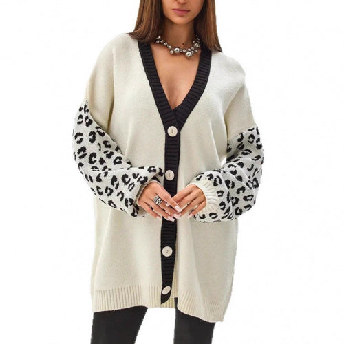 Women chunky knit cardigan with leopard pattern and button details Amarae