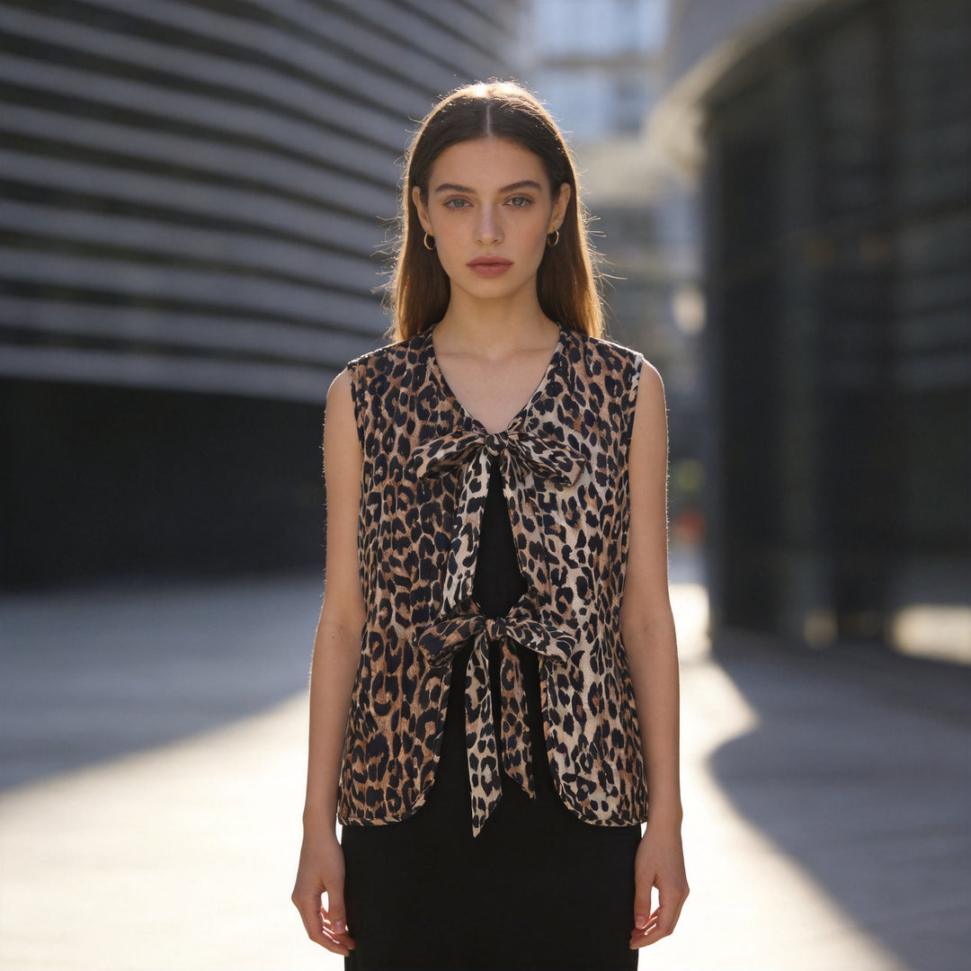 Women's Sleeveless Satin Blouse Top with Leopard Print and Double Bow Front Amarae