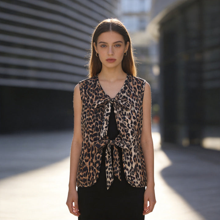 Women's Sleeveless Satin Blouse Top with Leopard Print and Double Bow Front Amarae