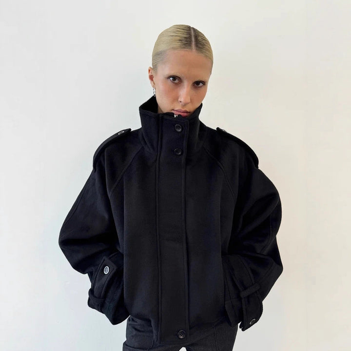Women's short jacket made of wool blend with high stand-up collar, balloon sleeves and shoulder flaps Amarae