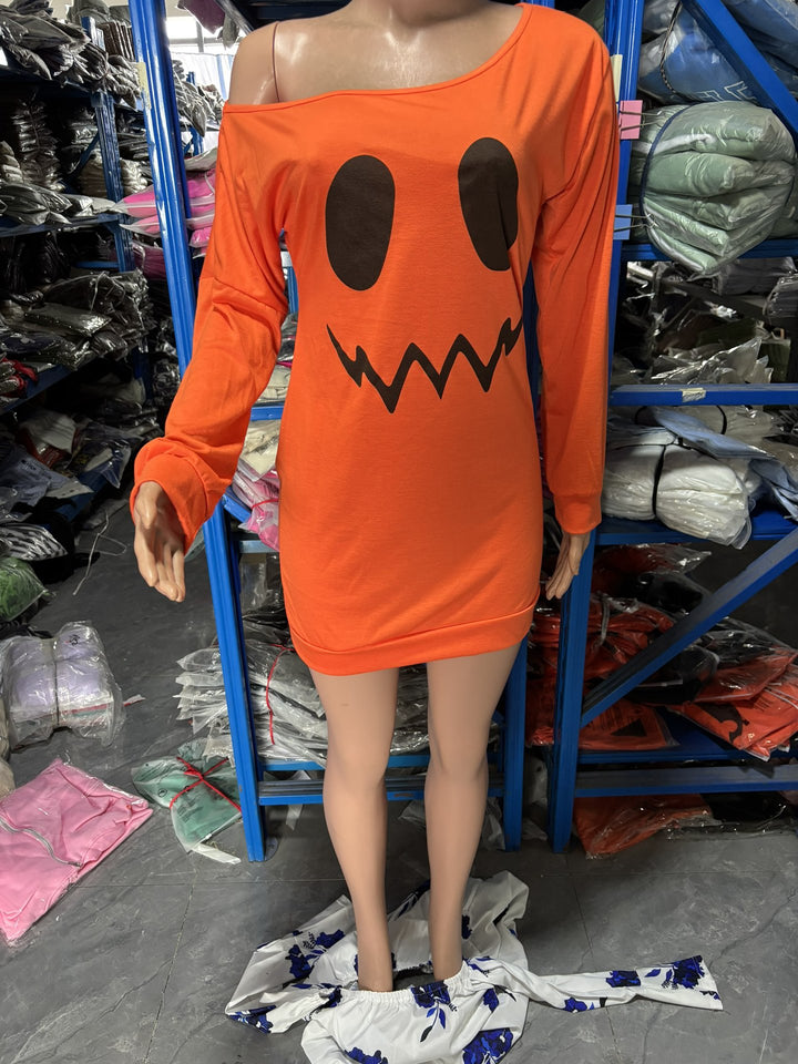 Women Oversize Off-Shoulder Knit Sweater with Halloween Pumpkin Motif Amarae