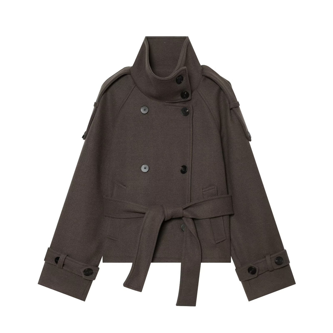 Ladies short cape jacket made of wool blend with high standing collar, double-breasted and tie belt Amarae