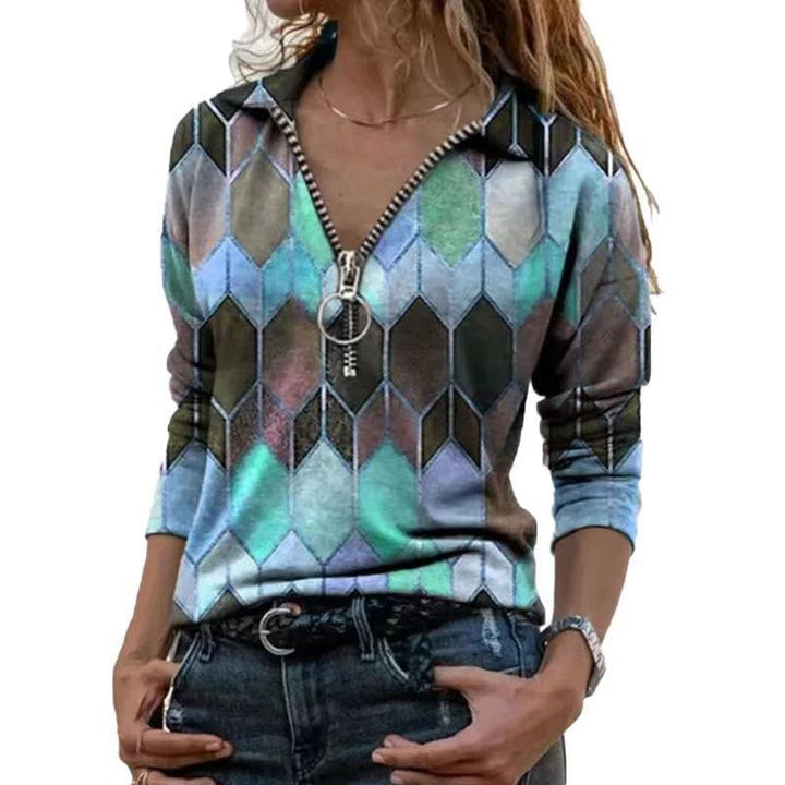 Women's zip pullover with polo collar, graphic diamond print and slim fit Amarae