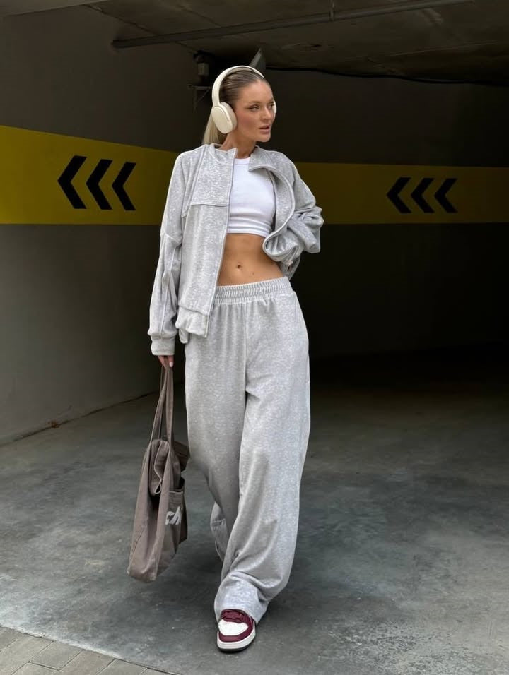 Lune London women's sporty velour lounge set with full zip and wide pants