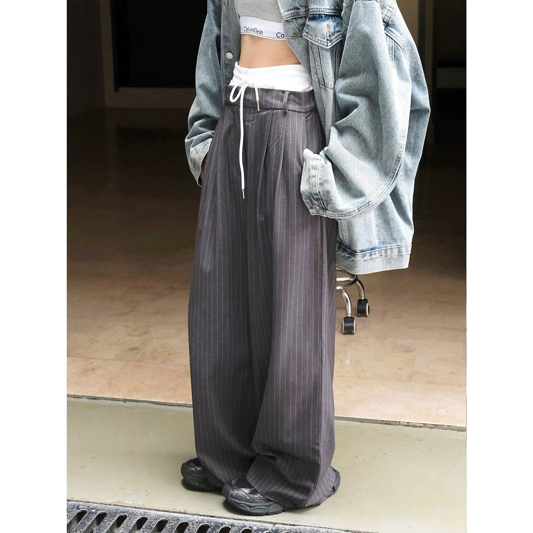 Women's Wide Pinstripe Palazzo Pants with Drawstring Waist and Relaxed Baggy Fit Amarae