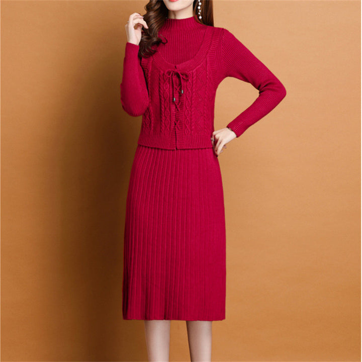 Elegant knitted dress for women with high collar and decorative braid design Lune London